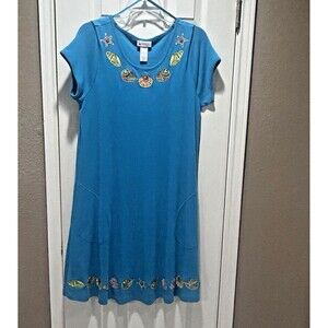 Go Softly Patio Dress Women Small Blue Beaded Seashell Beach Nautical Pockets
